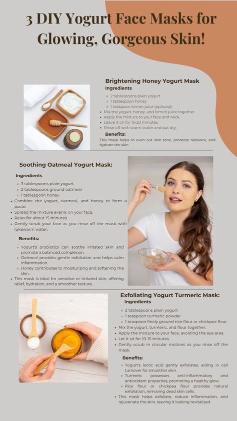 Unveil your skin's brilliance with these homemade yogurt face masks! From brightening honey blends to soothing oatmeal treats and revitalizing turmeric wonders, discover the secrets to a radiant complexion. Perfect for #SkincareSunday or self-care days. Achieve #GlowingSkin the natural way! ✨ #DIYFaceMasks #HealthyBeauty #SkincareSecrets#SkincareRoutine #GlowingSkin#HealthyBeauty#DIYFaceMasks#NaturalSkincare#SelfCareSunday#RadiantComplexion#BeautyHacks#HomemadeBeauty#Skin Face Mask For Tan Removal, Glow Up Naturally, Oatmeal Treats, Yogurt Face Mask, Diy Yogurt, Yogurt Mask, Honey Face Mask, Honey Yogurt, Tan Removal