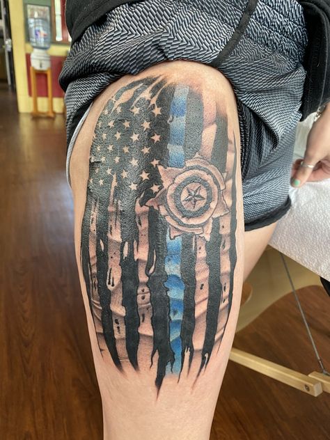 Tattoos For Police Officers, Fallen Officer Tattoo, Back The Blue Tattoo, Blue Line Flag Tattoo, Police Tattoos, Blue Line Tattoo, Law Enforcement Tattoos, Tony Thompson, Police Tattoo