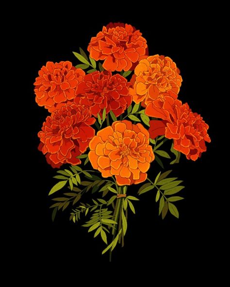 The Bloom Book from Libby Frame Illustration October Bouquet, Libby Frame, Mexican Halloween, Horse Animation, Bloom Book, Frame Illustration, Marigold Flowers, Mexican Flowers, Marigold Flower