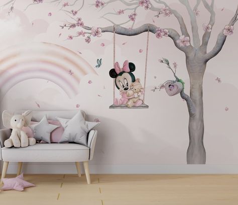 Wallpaper Mickey Mouse, Pink Wall Mural, Mickey Mouse Pink, Baby Room Paintings, Nursery Wall Painting, Gorgeous Wallpaper, Minnie Mouse Birthday Decorations, Girls Room Wallpaper, Mouse Wallpaper