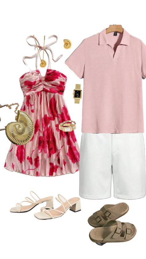 pink short dress, pink outfit, gold jewerly, pink shirt men, outfit to go to beach Matching Pink Outfits, Outfits For Couples, Couple Outfit Ideas, Couple Matching Outfits, Couples Outfit, Outfit Pink, Matching Outfit, Matching Couple Outfits, Matching Couple