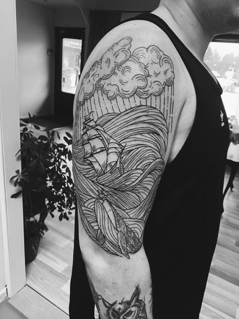 Jonah And The Whale Tattoo, Jonah Tattoo, Thunderstorm Tattoo, Traditional Butterfly Tattoo, Storm Tattoo, Traditional Butterfly, Whale Tattoo, Woodcut Tattoo, Engraving Tattoo