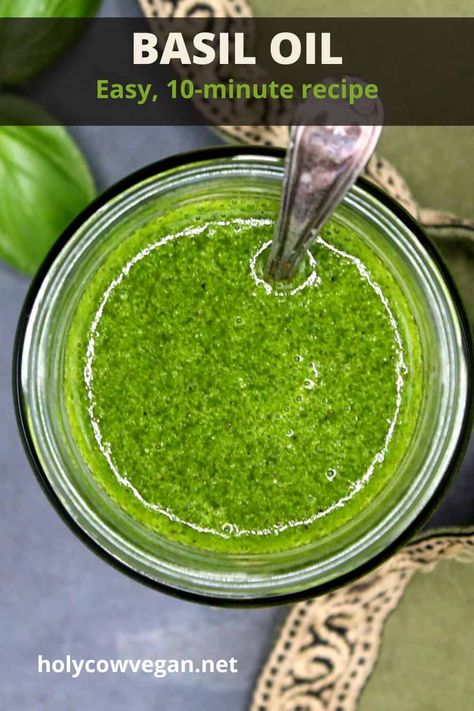 A delicious, four-ingredient basil oil to enhance your enjoyment of a summer bounty of fresh basil! It takes just about 10 minutes to mix it up and you can enjoy it with nearly any dish you can imagine. I just love dunking some of my crusty sourdough bread in it, but it's wonderful on salads and grilled veggies or stirred into pasta. #basiloil #holycowvegan Lemon Cupcake Recipe, Vegan Steak, Diy Food Gifts, Basil Oil, Basil Recipes, Natural Food Coloring, How To Make Pesto, Vegan Sauces, Cooking Oils