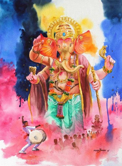 shree ganesh Ganesh Chaturthi Watercolor Painting, Ganpati Festival Drawing, Ganpati Watercolor, Ganesha Watercolor, Ganesh Chaturthi Poster, Ganpati Drawing, Festival Paint, Acrylic Portrait Painting, Ganesh Art Paintings