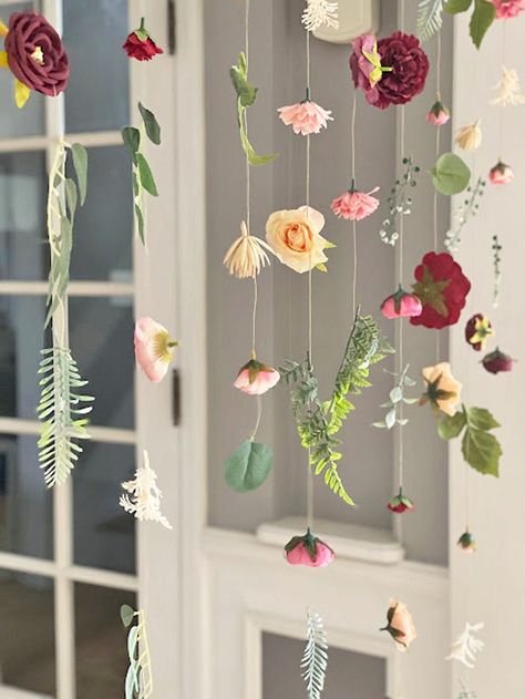 Flower Hanging Garland, Birthday Window Decorations, Hanging Flowers Arch, Garden Party Garland, Hanging Wall Flowers, Hanging Flowers Backdrop Diy, Flower String Backdrop, Wild Flower Baby Shower Decor, Wildflower Photo Backdrop