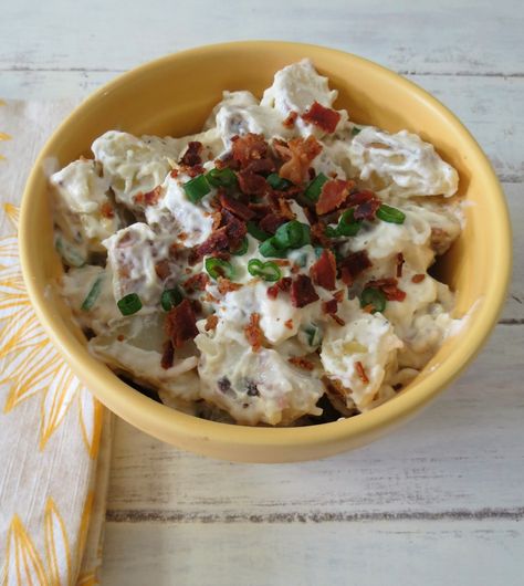 Lightened Up Fully Loaded Baked Potato Salad Fully Loaded Baked Potato, Baked Potato Salad Recipe, Loaded Potato Salad, Loaded Baked Potato Salad, Baked Potato Salad, Summer Bbq Recipes, Creamy Potato Salad, P Design, Loaded Baked Potato