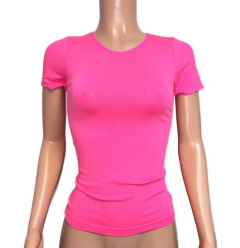 Neon Pink Seamless Stretchy Fitted Skin Tight Nylon Crewneck Tee T-shirt Top New | eBay Hot Pink Shirt, Personal Things, Chic Wardrobe, Neon Shirts, Pink T Shirt, Compression Shirt, Cat Room, Apple Store, Pink Shirt