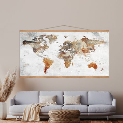 Rustic wall decor objects on my #etsy shop: https://etsy.me/3XSYhNX #worldmap #woodframe #hangerdecor Large Wall Map Decor, World Map On Wall Painting, Metal World Map Wall Decor, Framed World Map, World Map Painting, Canvas World Map, Color World Map, World Map Tapestry, Canvas Banners