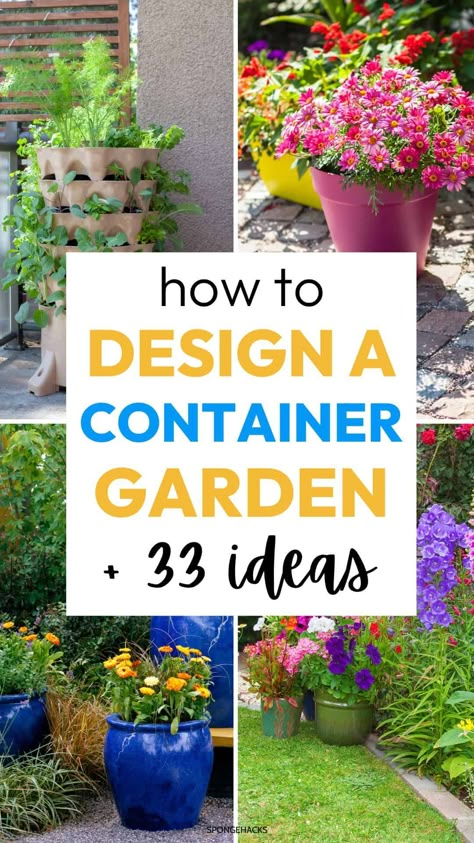 How to Design a Container Garden for Your Flowers Garden Ideas Small Backyard, Landscape With Potted Plants, Potted Garden Ideas, Balcony Oasis, Front Yard Design Ideas, Vertical Container Gardening, Patios Ideas, Garden Home Ideas, Potted Plants Patio