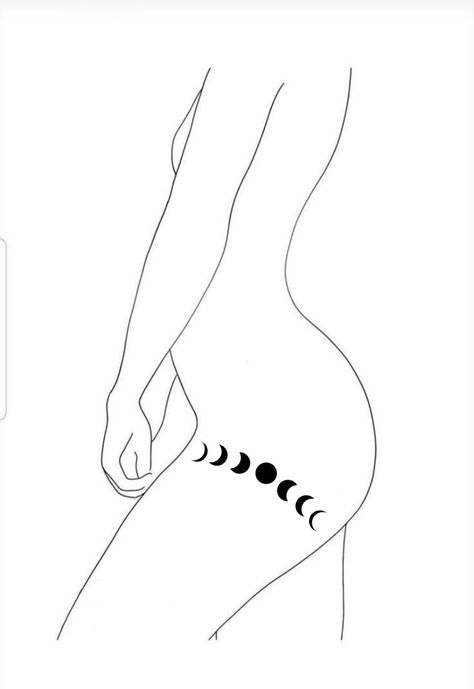 Moon Phase Knee Tattoo, Moon Phase Hip Tattoo, Phases Of The Moon Tattoo Thigh, Hip Tattoos Women Moon, Dark Feminine Back Tattoos, Moon Phase Leg Tattoo, Line Tattoo Thigh, Moon Phases Leg Tattoo, Moon Tattoo On Thigh