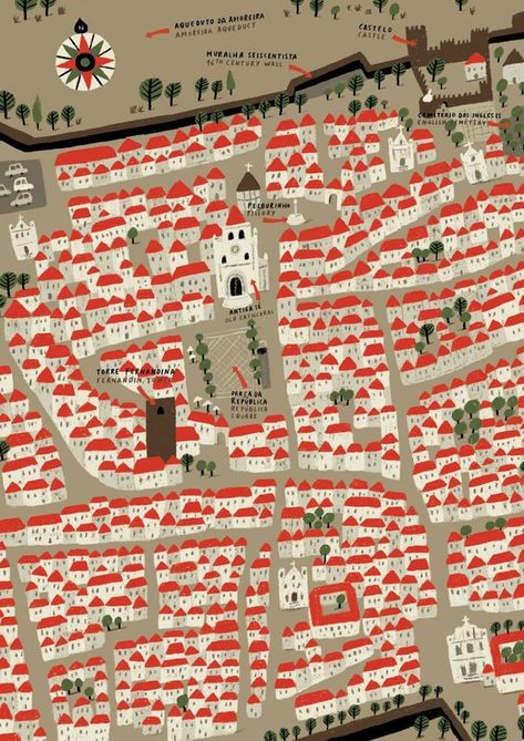 Andre Letria | Elvas - tons of tiny houses, no two alike... this would make a great fabric repeat pattern Maps Design, Map Quilt, Graphisches Design, 카드 디자인, City Illustration, Illustrated Map, Map Design, City Maps, Painting Illustration