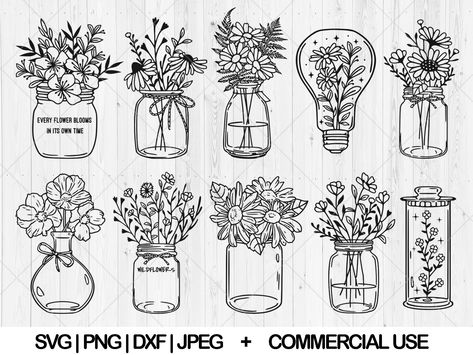 Flower Jar Drawing, Jar Doodle, Mason Jar Drawing, Mason Jar Tattoo, Mason Jar Svg, Jam Jar Flowers, Jar Flowers, Mason Jar Flowers, Flowers Svg