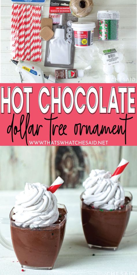 Dollar Store Hot Chocolate Ornament – That's What {Che} Said... Winter Ornaments Diy, Starbucks Crafts, Hot Cocoa Ornaments, Coffee Ornaments, Chocolate Ornament, Diy Hot Chocolate, Fake Food Props, Chocolate Tree, Fake Cupcakes