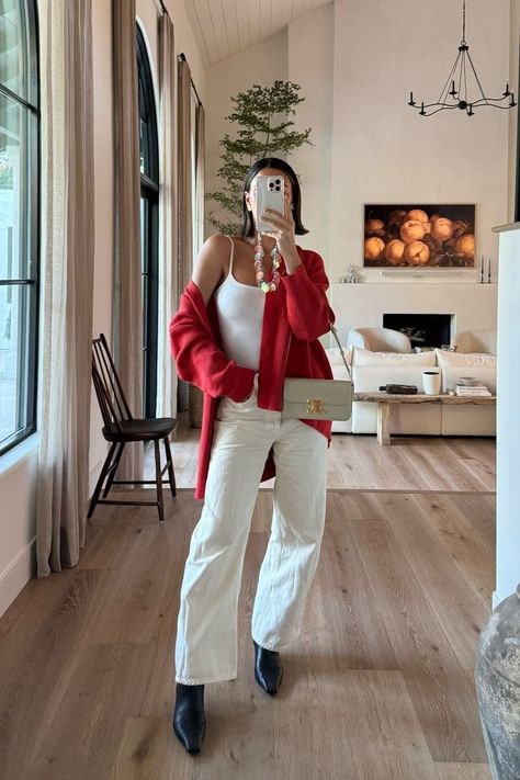 monochrome underneath, pop of red on top, and western boots. such a great fall outfit formula. tap to shop this look! Pop Of Red Outfit 2023, Red Spring Outfit, Pops Of Red Outfit, Work Valentines Outfit, Valentines Work Outfit, Red Top Outfit Winter, Red Boot Outfits, Vday Fits, Red And Cream Outfit