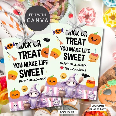 😍 Trick or Treat You Make Life Sweet Gift Tags | Printable & Editable Halloween Tags for Treat Bags | Given Crafted Wonders 😍 by Given Crafted Wonders starting at $5.99 Sweeten up your Halloween with our "Trick or Treat You Make Life Sweet" printable and editable gift tags, perfect for trick-or-treat bag gifts! These tags are bursting with Halloween cheer, featuring adorable pumpkins, candy corn, and a cute witch character that’s sure to delight all ages. Each tag measures 2.5 x 3.5 inches... Halloween Tags For Treat Bags, Editable Gift Tags, Cute Witch, Business Colors, Halloween Outdoor, Halloween Tags, Tags Printable, Halloween Party Favors, Trick Or Treat Bags