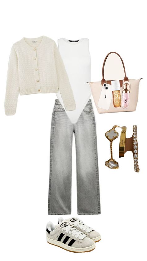 #school #white #beautiful #campus Cream Campus 00s Outfit, Ootd Campus, Outfit Campus, Campus Outfit, Simple Outfits For School, Adidas Campus, Pinterest Outfits, Simple Trendy Outfits, White Outfits