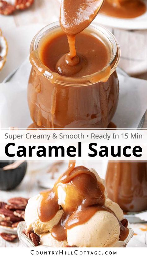 This easy evaporated milk caramel sauce requires only 6 ingredients and is ready in 15 minutes. It’s a delicious topping for just about any dessert. From ice cream sundaes to cheesecake, brownies, pie, and cake, you’ll want to spoon homemade salted caramel sauce over everything! This evaporated milk caramel sauce has an addicting, rich flavor and a smooth, thick texture. If you find homemade caramel sauce intimidating, this simple recipe will change your mind. | CountryHillCottage.com Holiday Desserts Cookies, Caramel Sauces, Easy Homemade Caramel Sauce, Vegan Holiday Desserts, Holiday Desserts Thanksgiving, Homemade Caramel Recipes, Caramel Sauce Recipe, Salted Carmel, Easy Holiday Desserts