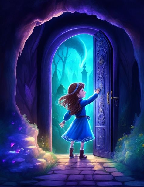 Enchanting Gateway: A Girl's Journey into a Magical Realm City Of Stolen Magic, Magic Door Aesthetic, Magic World Illustration, Open Picture, Magic Decorations, Upbeat Music, Magical Transformation, Magical Pictures, Doing Chores