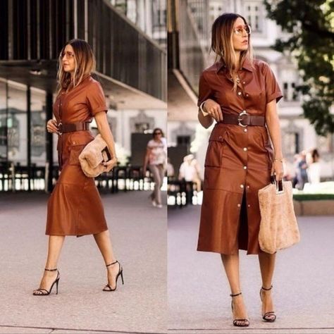 Brown Leather Dress Outfit, Leather Dress Outfit Night, Zara Leather Dress, Long Brown Dress, Leather Dress Outfit, Mens Leather Shirt, Zara Looks, Brown Leather Dress, Brown Midi Dress