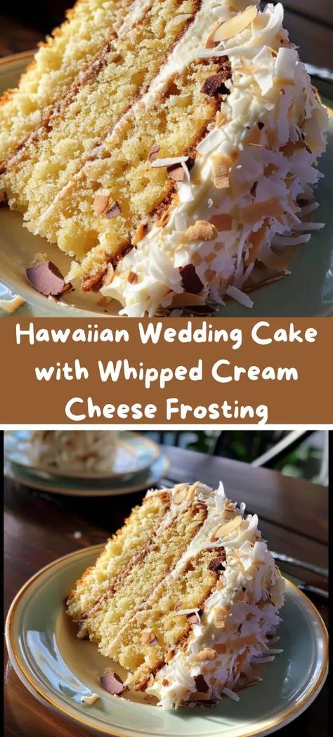 Hawaiian Wedding Cake with Whipped Cream Cheese Frosting Hawaiian Wedding Cake Recipe, Hawaiian Wedding Cake, Cake With Whipped Cream, Hawaiian Cake, Whipped Cream Cheese Frosting, Summer Cake, Chocolate Whipped Cream, Chocolate Pecan Pie, Wedding Cake Recipe