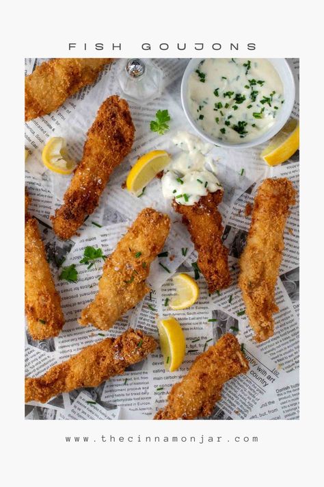 Fish goujons spread out on newspaper with some lemon slices and a garlic mayo dipping sauce on a small saucer Fish Goujons, Chicken Sausage Rolls, Healthy Lunch Salad, Homemade Sausage Rolls, Citrus Fish, Crispy Fish, Battered Fish, European Food, Authentic Recipes