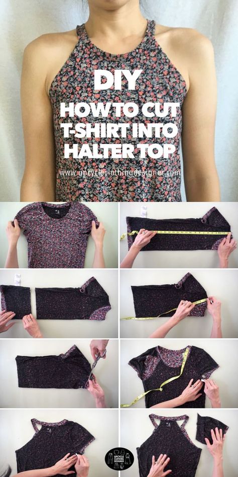 Sew Bra Into Top, T Shirt To Cute Top, Diy Mens Dress Shirt Refashion, No Sew Thrift Flip Clothes, Halter Top Diy Tee Shirts, T Shirt To Halter Top Diy, Tshirt To Halter Top, How To Make A Halter Top From A Tshirt, No Sew Upcycled Clothing