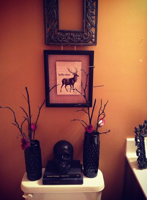 Bathroom Goth Bathroom Ideas, Halloween Bathroom Ideas, Wainscoting Wallpaper, Gothic Bathroom Ideas, Edgy Home Decor, Goth Bathroom, Edgy Home, Halloween Bathroom Decor, Gothic Bathroom