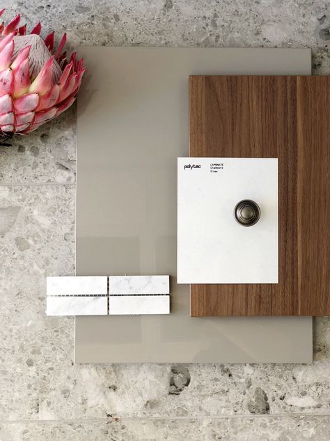 Walnut Mood Board, Walnut Palette, Gray Marble Countertops, Grey Moodboard, Walnut Bedroom, Kitchen Colour Combination, Kitchen Mood Board, Laminate Colours, Material Board