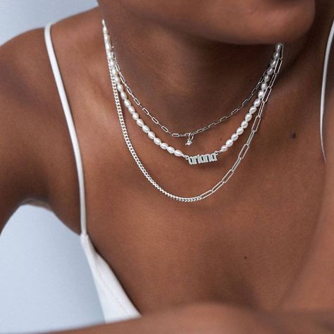 Custom Pearl Name Necklace - Silver-3 Pearl Name, Safety Policy, Layering Jewelry, Name Necklace Silver, Necklace With Diamond, Paperclip Necklace, Link Chain Necklace, Chain Design, Layered Jewelry