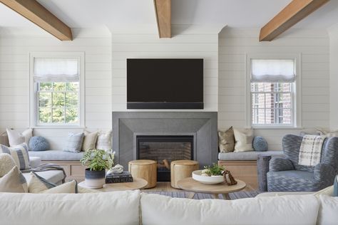 Fall calls for a refreshing space to sit back and relax. This livable yet elevated does it all and treats a young family to a space that stands the test of time with nearly full coverage using performance fabrics!⁠ ⁠ Design : @kandcoliving⁠ Photo : @raquellangworthy.photo Fireplace Between Windows, Shiplap Trim, French Style Living Room, Gray Shiplap, Brick Fireplace Wall, Glamorous Living Room, Tv Over Fireplace, Window Seat Design, Marble Fireplace Mantel