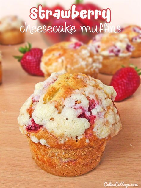 Strawberry Cheesecake Muffins - Cakescottage Strawberry Cheesecake Muffins, Cheesecake Muffins, Strawberry Cheesecake, Cupcake Muffins, Strawberry Recipes, Sweets Treats, Muffin Recipes, Cupcake Recipes, Coffee Cake