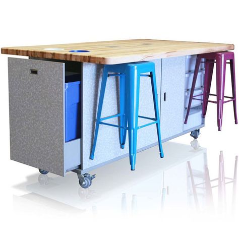 Stem lab, makerspace table with magnetic stool storage! 6 Metal stools included! Innovative classroom design by CEF. Makerspace Furniture, Makerspace Design, Science Table, Computer Tables, Stem Lab, Stem Classroom, Innovation Lab, Metal Stool, Storage Bins With Lids