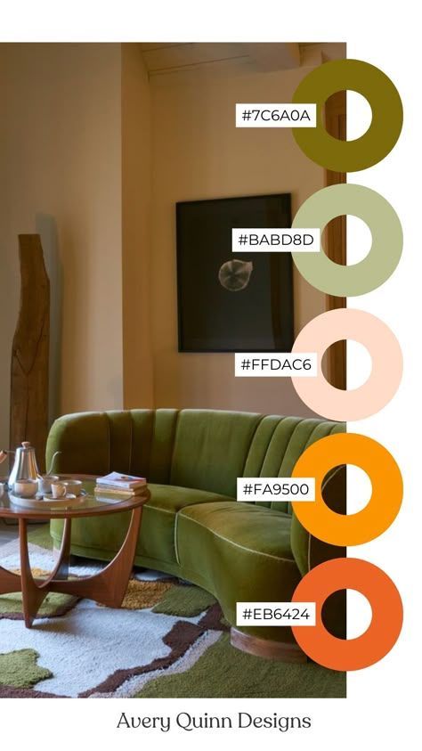 Green Sofa Color Palette, Mid Tone Color Palette, Mid Century Modern Interior Color Palette, Cozy Apartment Color Scheme, Apartment Colour Palettes, Vibrant Mid Century Modern Living Room, Mid Century Modern Color Palette Living Room, Mid Century Modern Green Living Room, Green Couch Interior Design