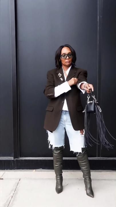 _salinasincerely on TikTok Jeans Blazer Boots Outfit, Leather Top And Jeans Outfit, Blazers And Boots Outfit, Urban Chic Fall Outfits, Sweatshirt And Blazer Outfit Women, Blazer Shirt Outfit Women, Day Time Christmas Party Outfit, Tall Boots And Shorts Outfit, Shorts With Jacket Outfit