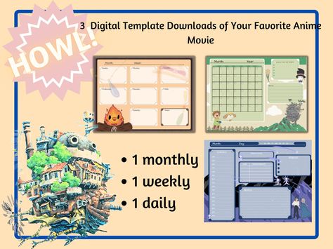 Howl, anime digital planner, goodnotes, notability, pdf planner, journal, manga, monthly, undated year onenotetemplate #studentplannerorganization Howl Anime, Student Planner Organization, Anime Template, Pdf Planner, Digital Planner Goodnotes, Insert Image, Daily Plan, Planner Journal, Planner Template