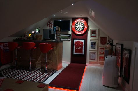 Graeme's games room was truly a worthy winner, it's filled with a dartboard, bar, Aberdeen FC memorabilia and much more. Home Darts Room, Dart Board Wall Ideas Man Cave, Dart Board Set Up Ideas, Darts Room Ideas, Home Dartboard Setup, Dart Room Ideas Man Cave, Darts Board Ideas, Dart Room Ideas, Darts Setup