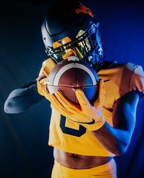 West Virginia Gold and Blue uniform Football Family Pictures, Senior Football Photography, Youth Sports Photography, Senior Sports Photography, Cool Football Pictures, Football Senior Pictures, College Football Uniforms, College Football Recruiting, Sports Photoshoot