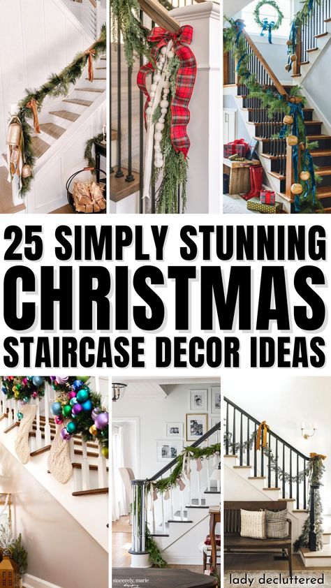 25 Simple Stunning Christmas Staircase Decor Ideas Diy Christmas Railing Decor, How To Decorate Stair Rail For Christmas, Bannister Christmas Decor Garlands, Xmas Decorations For Stairs, Simple Christmas Banister, Bannister Ideas Christmas, Stair Railing Xmas Decor, Christmas Bannister Decorations, Bows On Staircase