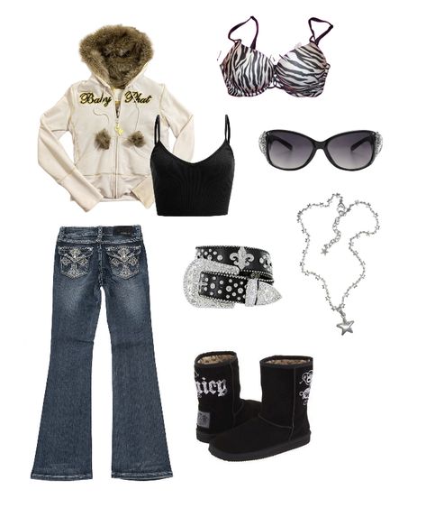 Mcbling Fashion 2000s, Mcbling Outfit Ideas, Mcbling Outfits For School, Y2k Outfits White Background, Mcbling Png, 2000s Mcbling Outfits, Actual Y2k Outfits, 2000 Fashion Trends Early 2000s, Trashy Y2k Winter Outfits