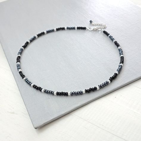 Seed Bead Necklace For Men, Grey Beads, Gunmetal Grey, Beaded Choker Necklace, Seed Bead Necklace, White Beads, Diy Necklace, Black Beads, Men Necklace