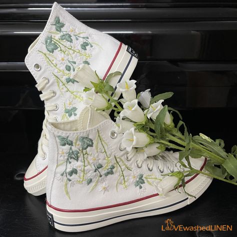 Custom Coverse Platform/ Wedding Flowers Embroidered Converse/ Bridal Flowers Embroidered Sneakers/ Lily of the Valley Embroidered Sneakers Embroided Shoes, Platformed Shoes, Lavender White Wedding, Sage Green Quince, Sneaker Embroidery, Royal Blue Converse, Sneakers Wedding, Converse Embroidery, Floral Converse