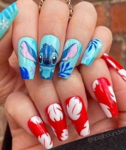 Manicure, Nail Polish, Nails, Disney, Red, Blue