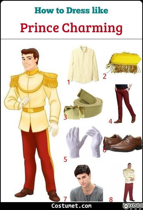 Prince Charming's costume consists of a yellow long-sleeved top with golden epaulets. He styles his shirt with a gold belt and wears a pair of white gloves. He also wears red pants. To finish the look, wear a brown wig. #fairytale #male #cartoon #prince #Cinderella #fairytale Diy Prince Charming Costume Men, Couple Halloween Costumes Princess, Diy Prince Charming Costume, Cinderella And Prince Charming Costume, Fairytale Characters Costumes, Disney Prince Costume, Prince Charming Outfit, Prince Costume For Boy, Cinderella And The Prince