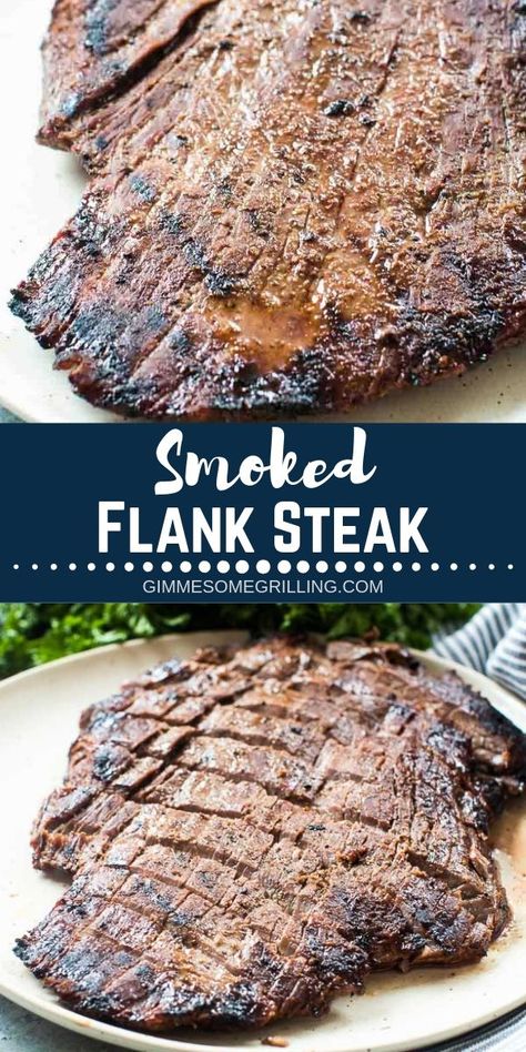 Flank Marinade, Smoked Flank Steak, Smoked Steak, Smoked Baked Potatoes, Smoker Recipes Electric, Pellet Smoker Recipes, Flank Steak Tacos, Simple Marinade, Traeger Smoker