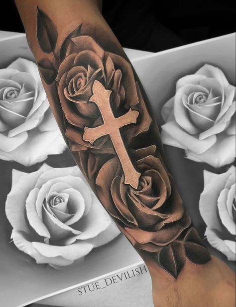 Forearm Tattoo Rose, Cross With Roses Tattoo Men, Cross And Roses Tattoos For Women, Roses With Cross Tattoo, Cross And Roses Tattoo For Men, Cross Tattoo Sleeve, Tattoo Ideas For Men God, Cross And Rose Tattoos For Men Forearm, Cross With Roses Tattoo