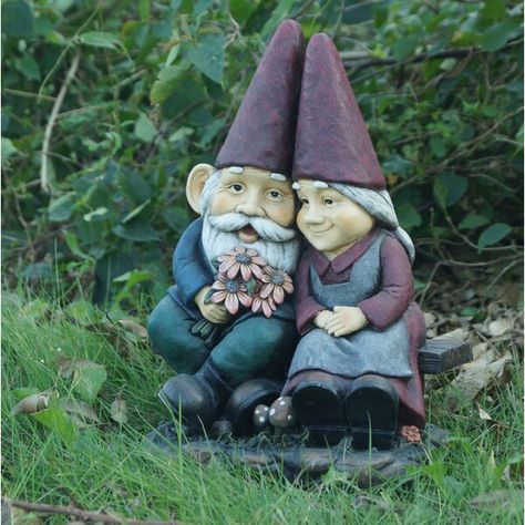 Enhance your home and garden with this Gnome Statue Decoration. Couple On Bench, Gnomes Garden, Gnome Couple, Couple Sculpture, Garden Gnomes Statue, Outdoor Garden Statues, Gnome Home, Gnome Sweet Gnome, Old Couple