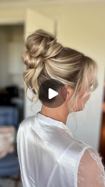 Charleston Bridal Hairstylist on Instagram: "When you bring your bride to tears 😭  Rachael was torn between two styles: the high bun and a half-up ponytail.   There was no time for a bridal preview since Rachael had just 2 weeks and was coming from out of town (fellow northerner, Long Island, NY 🥰) to plan an intimate wedding with her closest friends and family. She was prepared for either style, knowing she would need clip-in extensions if she decided on the half-up, which she had just in case. 🩷  She waited until her wedding day to decide, basing it on the weather. Last Sunday was a hot day 🥵 so she opted for the high bun😍 She showed me a couple of photos of how she wanted the bun and face framing, preferring a bun look over a French twist updo.  When I handed her the mirror after I Wedding Hair Updos With Extensions, High Updo Wedding Hair With Veil, Hair Do Long Hair Wedding, High Bun With Hair Piece, Double Bun Wedding Hair, How To High Bun Updo, Updo High Bun Hairstyles, High Bun With Pieces Out, High Veil Placement Bridal Updo