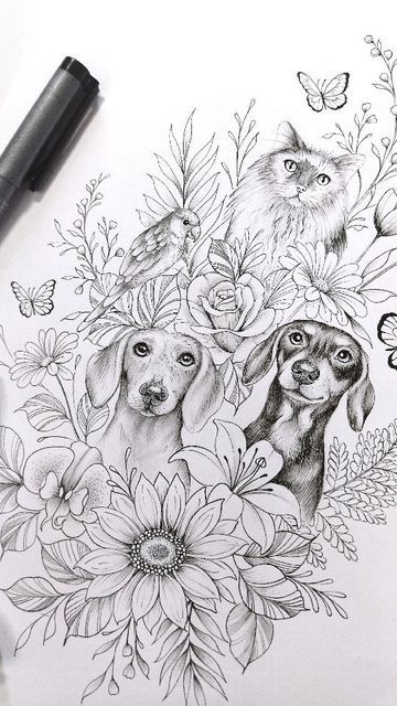 Dog And Sunflower Tattoo, Flower And Animal Tattoo Sleeve, Dog Tattoo Floral, Multiple Dog Tattoo, Daisy And Tulips, Two Dogs Tattoo, Louise Tattoo, Daschund Tattoo, Pet Portrait Tattoo