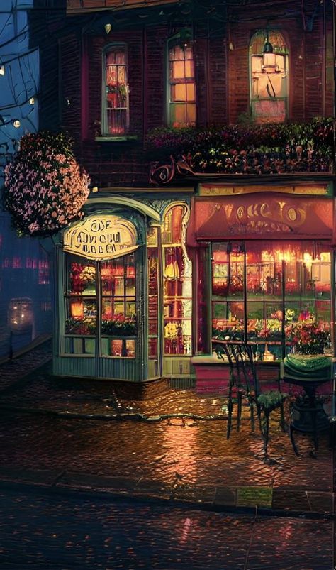 Store Front, At Night, Art Work, Acrylic Painting, Oil Painting, Restaurant, Paintings, Canvas, Art