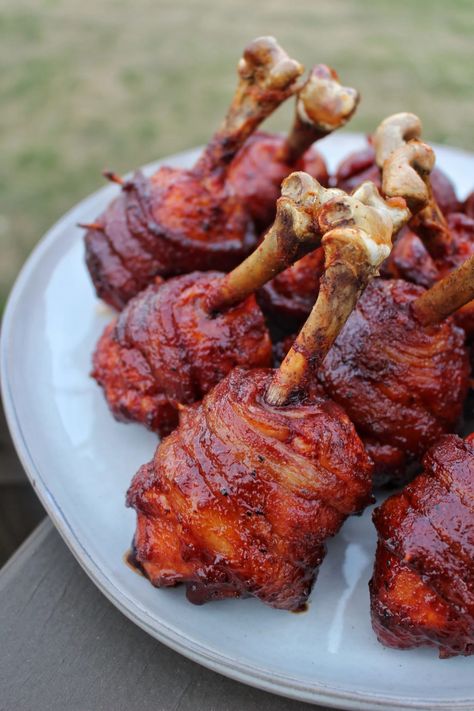 Honey Bacon BBQ Chicken Lollipops - Over The Fire Cooking Bbq Chicken Lollipops, Chicken Lollipops Recipe, Lollipops Recipe, Bacon Bbq Chicken, Honey Bacon, Over The Fire Cooking, Chicken Lollipops, Bbq Bacon, Fire Food